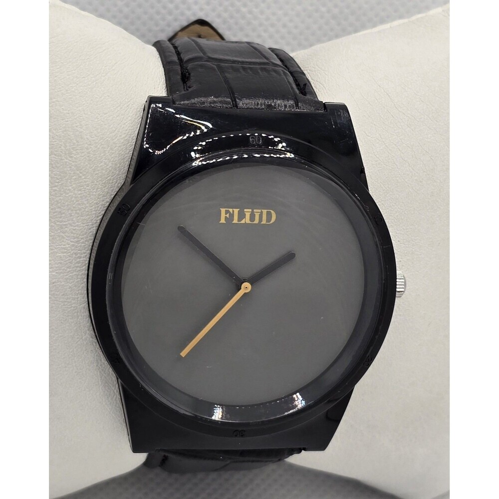 Men's Flud Minimalist Round Black Dial Case Quartz Black Leather Strap Watch 04 - Picture 3 of 9